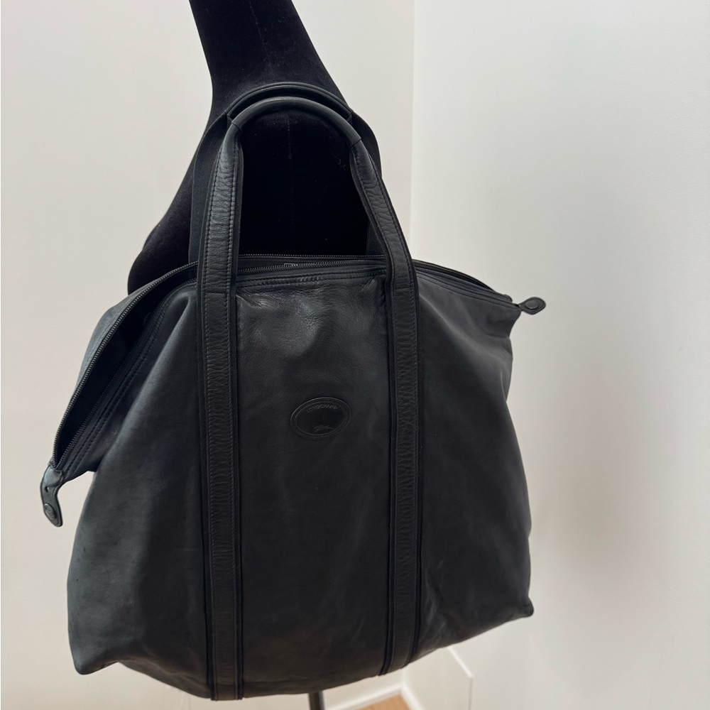 Longchamps Le Pliage Black Leather Weekend /Travel Tote Bag